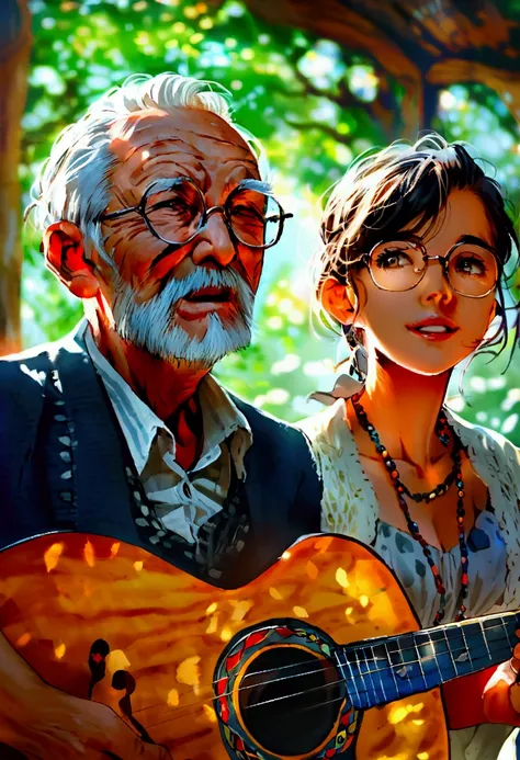 Young people々Image of an old man (3 men and 3 women) Read the Bible, Share what you read and eat、Girl is playing guitar, Everybody is happy