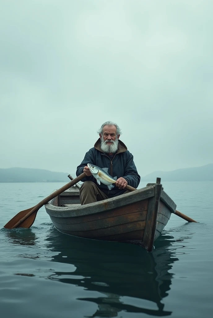 an old man with a merlin fish in his boat in the middle of the sea