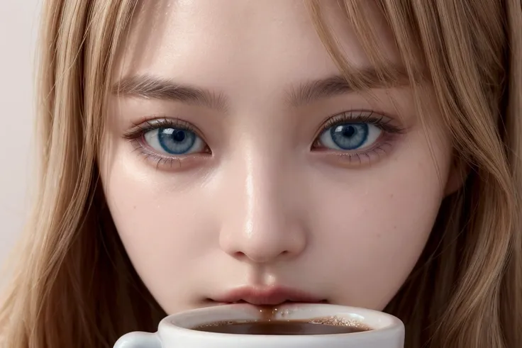 Pov, realistic, high quality, detailed image, very high quality, high resolution, a beautiful 20-year-old Korean girl with a thin, oval face, short, wavy blonde hair, and blue eyes.
She prepares a hot coffee and smells the comforting aroma while looking at...