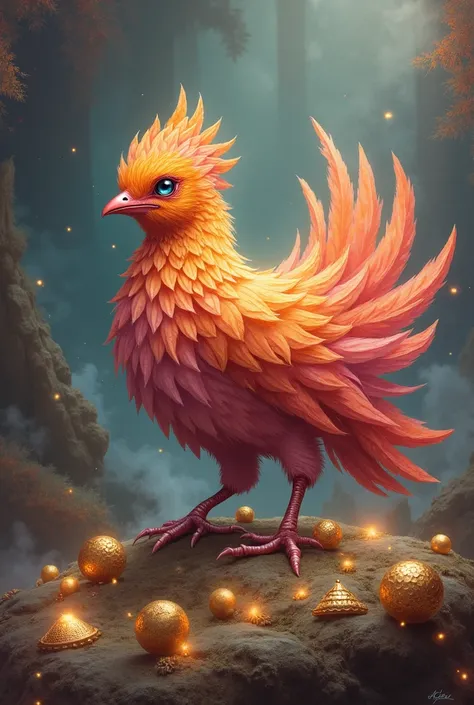 Beautiful bird with pasta colors sitting on an enchanted land looking above. The land is filled with magical items. 