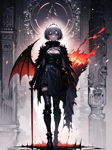 (((masterpiece, best quality, high detailed, 16k))) (1girl) A cold and elegant vampire warrior with short, sleek silver hair that frames her sharp, angular face, and piercing crimson eyes that glow faintly in the dark. Her expression is composed, yet menac...