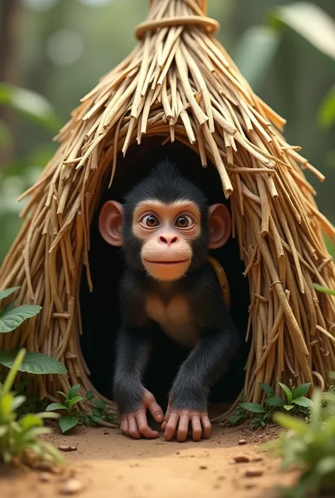 Monkey with backpack calling out from his straw house 