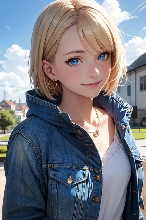 1girl, solo, blonde hair, blue eyes, short hair, jewelry, earrings, smile, jacket, looking to the side, denim, denim jacket, upper body, lingerie, closed mouth, cloud, sky, day, looking away, blue sky, collarbone,