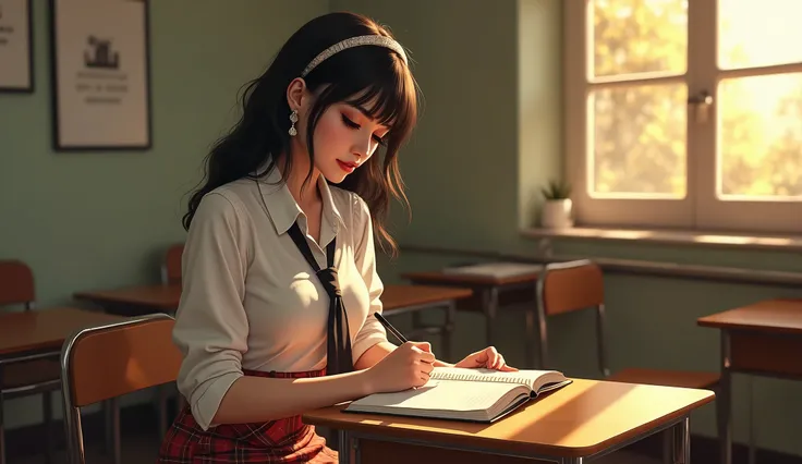 realistic, beautiful young woman, gorgeous face, thick eyeliner, winged_eyeliner, bangs, sitting on small metal chair, writing in notebook at student desk, wearing tight white blouse and plaid skirt, undone tie, earrings, hairband, extra_large bust, indoor...