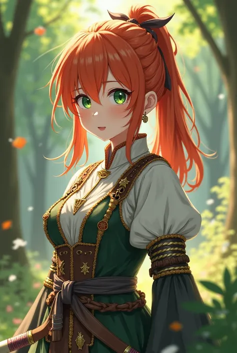  Itsukakendo ,Itsuka Kendo, by the wide, (green eyes: 1.3), Ponytail, orange hair, Medieval clothing , maiden dress , crochet with armor, outdoors, looking at the viewer, (cowboy photo: 1.5)(masterpiece: 1.2), best quality, High resolution, Unity 8k wallpa...