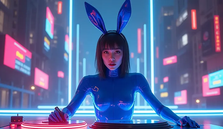 1Girl solo, Skin-Tight Bodysuit, Blue Neon Bodysuit, Mecha-Bunny Ears, ((wearing cybernetic Visor as Eyewear)):2.5, Neon turntable djing, shining eyes,  (complex city background at night):1.5, fractalized, fractal_body,  neo-expressionist oil paint, render...