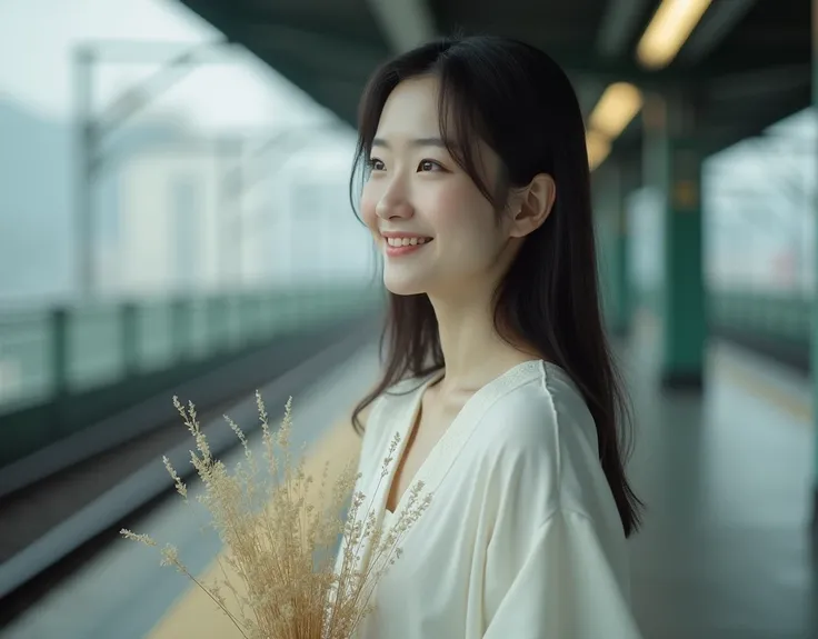 Ultra realistic, highly detailed photo of a Japanese very healthy woman, Archaic smile, she is holding dried flowers, inspired by FinalFantasy7, Tokyo train station in the background, full body shot, age 33, she is slightly fat, monotone background, some d...