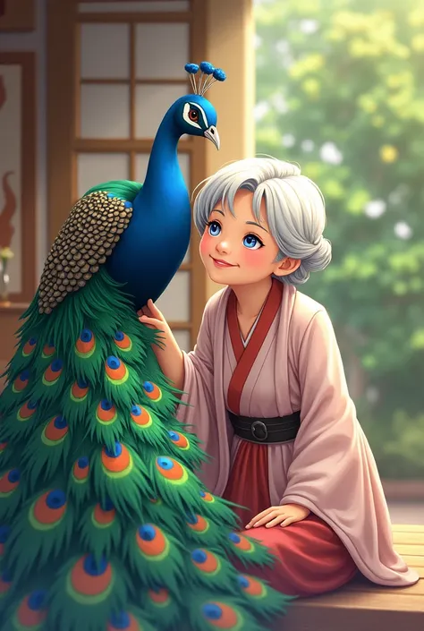 The peacock also stayed with the old lady.in anime cartoon 