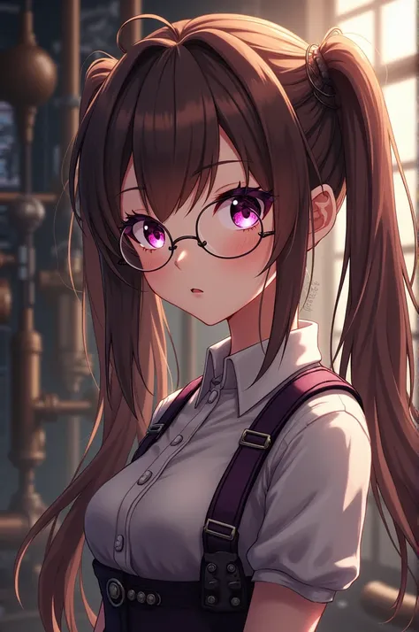 A young woman with brown hair, tied in two long ponytails, your bangs are very short, your eyes are pinkish purple, with small glasses. His eyes are small and sharp like a snake&#39;s. Steampunk anime style