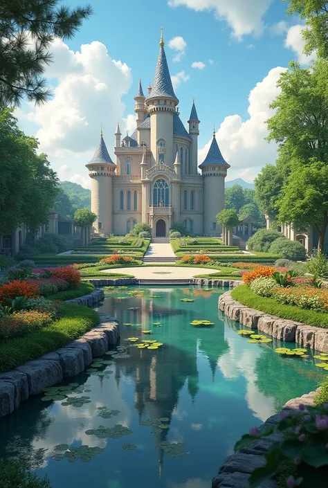 make a castle with a beautiful garden in front
