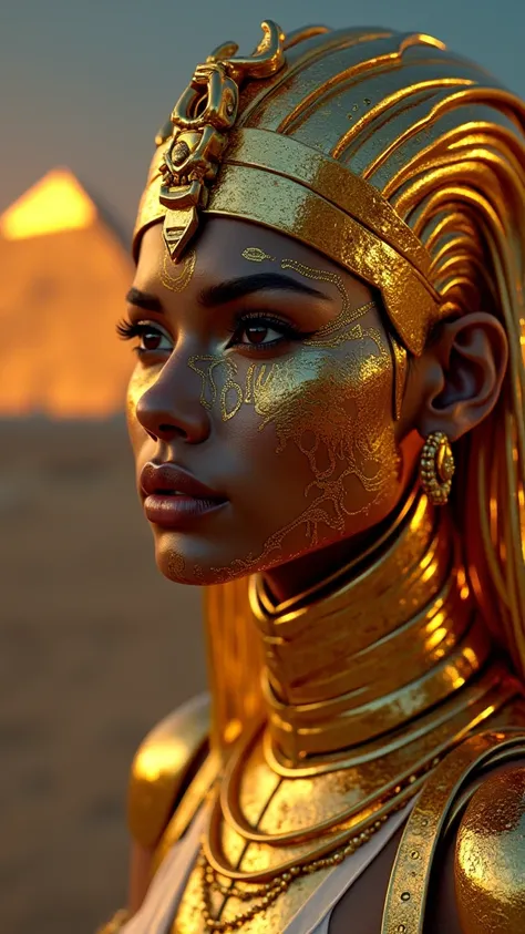 score_11, score_9_up, score_8_up, ((Masterpiece)), (((Highest quality))), ((Very detailed)), ((Photorealistic)), a ((full-body)) front view of ((cyborg)) Cleopatra, the iconic Egyptian queen, transformed into a cyborg with bronzed metallic skin. Her face i...