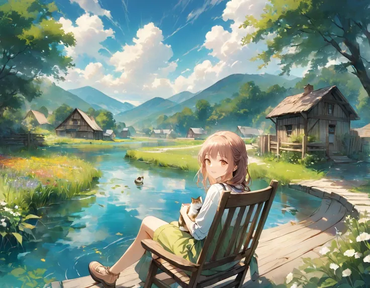 ((Best Quality))、((excellent))、(detailed)、8k、「In the rustic countryside、Woman fishing in a small village pond。She is sitting on a wooden chair、Wearing casual clothing with rolled up sleeves。Playful tabby cat trying to grab a fishing line。The pond is surrou...