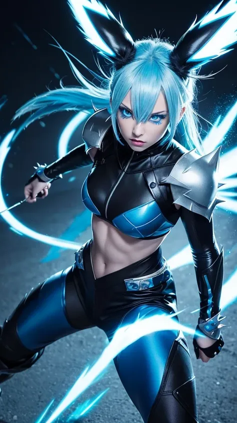 A fierce and determined portrait of a woman with spiky, blue hair and piercing blue eyes. Shes wearing a sleek, blue outfit with silver accents, resembling the agile and powerful form of Lucario. Her pose is strong and confident, radiating her power and de...