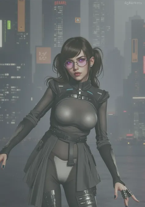 A young woman with brown hair, tied in two long ponytails, your bangs are very short, your eyes are pinkish purple, with small glasses. His eyes are small and sharp like a snake&#39;s. cyberpunk style