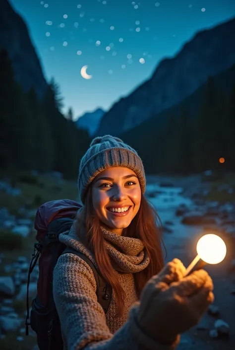 1 female((Upper body selfie, happy)), masterpiece of the highest quality, Very detailed, Alone, Outdoor, (night), Mountain々, nature, (star, moon) Cheerful, happy, Backpack, sleeping bag, Camping stove, Water Bottle, Mountain boots, gloves, sweater, Have, F...