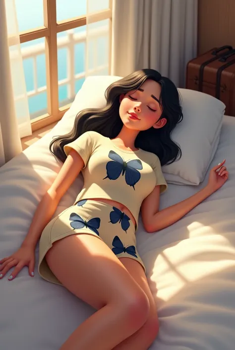 Woman 30 years, very long straight black hair, wearing beige with large navy blue butterflies 🦋print shorts and  beige with large navy blue 🦋 butterflies print short sleeves T-shirt, sleeping in white sheets bed at cruise ship bedroom. Luggage and white ba...