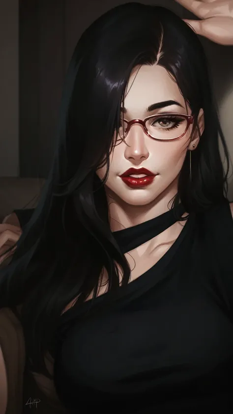 beautiful woman with glasses, big red lips. HD quality, digital art. 