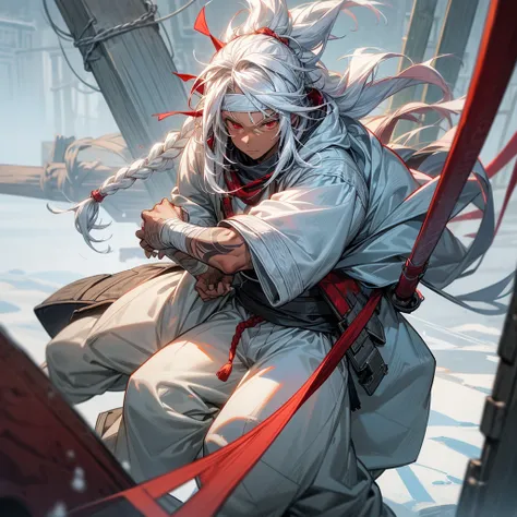 1male, young adult, dark skin, finely detailed red eyes, wild long hair, white hair color, long braid, puffer snow hoodie, head band, baggy pants, day time, snowy village, calm expression, muscular, tattoos, bandages around arm, anatomically correct 