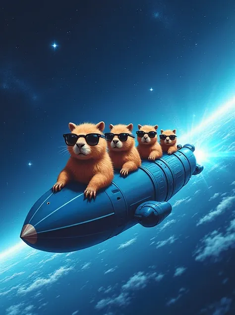 A group of cute capybaras wearing sunglasses riding on a realistic fountain pen-shaped vehicle in outer space. A masterpiece with blue smoke billowing out of the fountain pen vehicle., Winner of numerous awards, Best Quality, look up, Afterimage, a row, co...