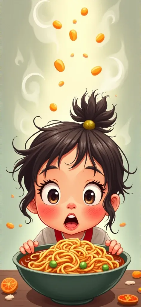 A cartoon of a girl imagining eating noodles