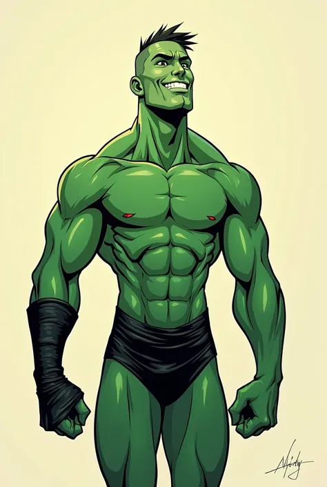 "Generate a lean, faceless superhero with a sleek green body, wearing tight athletic shorts. The character is looking at the center, his head tilted slightly back as if laughing or smiling in a comical way. Despite the faceless design, his body language cl...