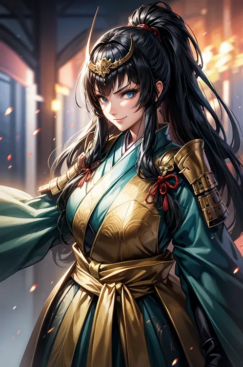 wearing armor one adult female, wearing light armor, wearing green kimono, long hair, low  ponytail, black hair, blue eyes, devi...