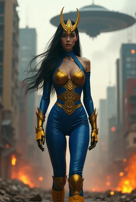 A beautiful woman with long black hair Big Barda (((wearing a (((leather jumpsuit)))Royal blue color with tiny scales on the suit))) burnt yellow boots and gloves corset golden armor over the suit(((samurai helmet)))in an apocalyptic city skyscrapers on fi...