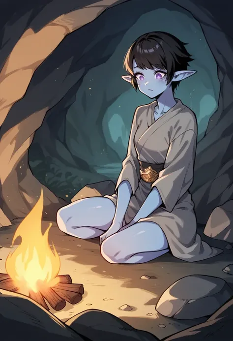 Masterpiece, Best Quality, 1girl, solo, black hair, short hair, elf ears, small ears, small elf ears, purple eyes, blue skin, Final Fantasy XIV, Duskwight, Elezen, cave, dark, campfire, grey robes, sitting on rock,