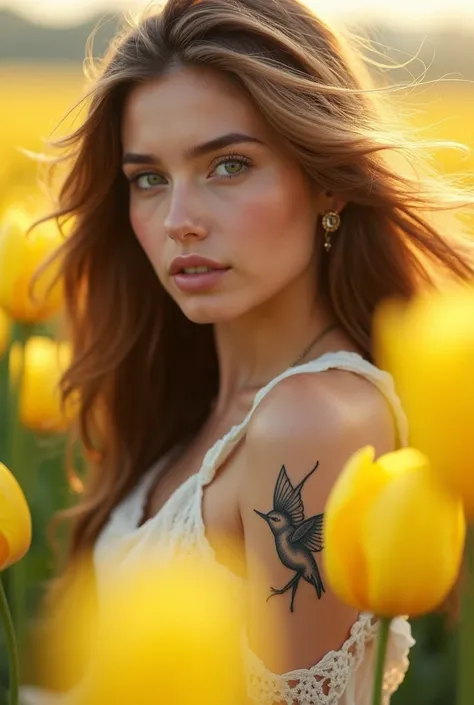 (masterpiece), (The best quality), Beautiful light brown haired woman with hummingbird tattoo on forearm with yellow tulip field background