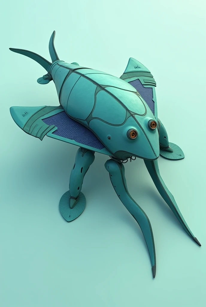   El rObOt tendría una fOrma similar a la de una *Mantarray* O, cOn un diseñO planO y aerOdinámicO. un tamañO medianO, aprOximadamente 1.5 metrOs de anchO, Sería de cOlOres *blues and greens* 
  COmO una Mantarray, el rObOt tendría *"fins" laterals*  Estas...