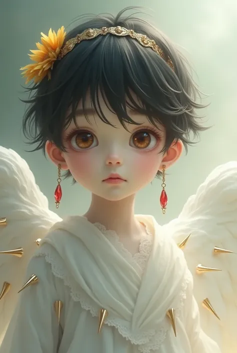 Baby boy, black hair, white skin, brown eyes, red stone earrings with a sunflower headband, white dress and angel spines