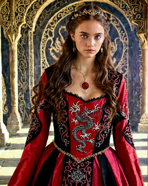 A women at the age of 18 with long brownish hair and purple eyes. She is wearing a red and black royalty dress with a three headed dragon sharing one body sigil embroidered on her dress. 