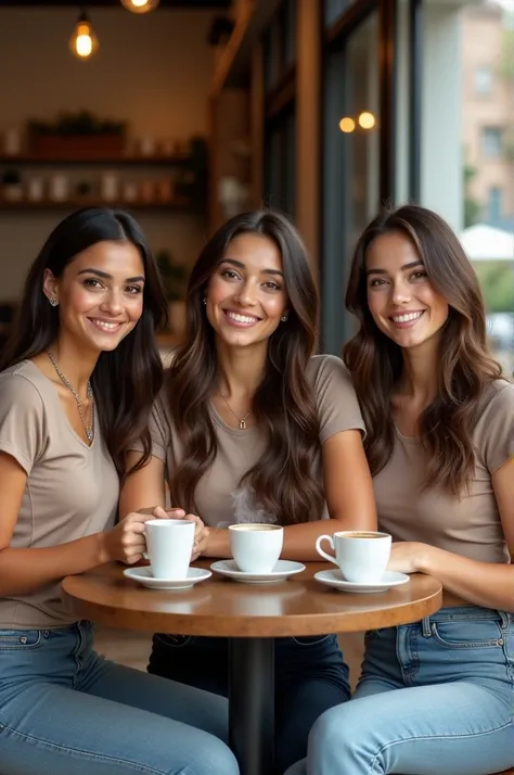 3 Brazilian woman, white, long brown hair, wearing a nude t-shirt, jeans, in a coffee shop, in a relaxed position with a slight smile and delicate jewelry