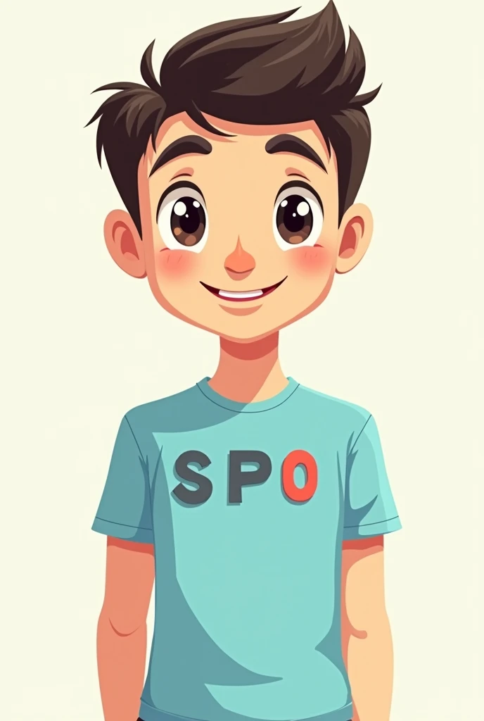 Create a Cartoon Image of a Young Dark-Haired Man, dark brown eyes, short hair, Light Blue Social T-Shirt, with the acronym SPO on the left side of the chest.