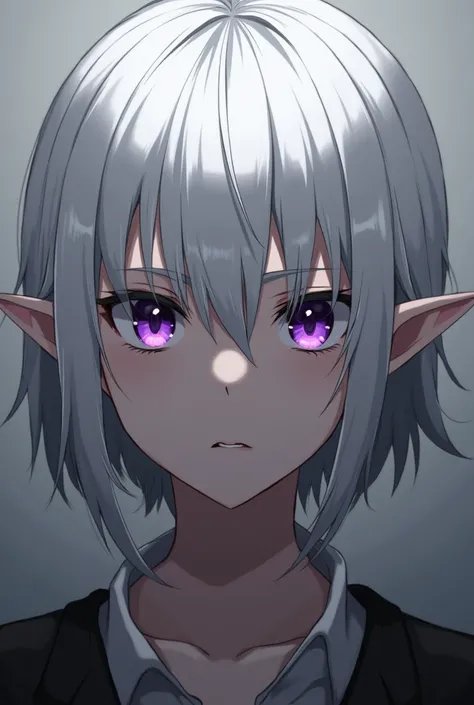 High Resolution, 1girl, Short Hair, White Hair, Pointy Ears, Purple Eyes, Serious, Glaring, Simple background, Anatomically Correct, Anime, 