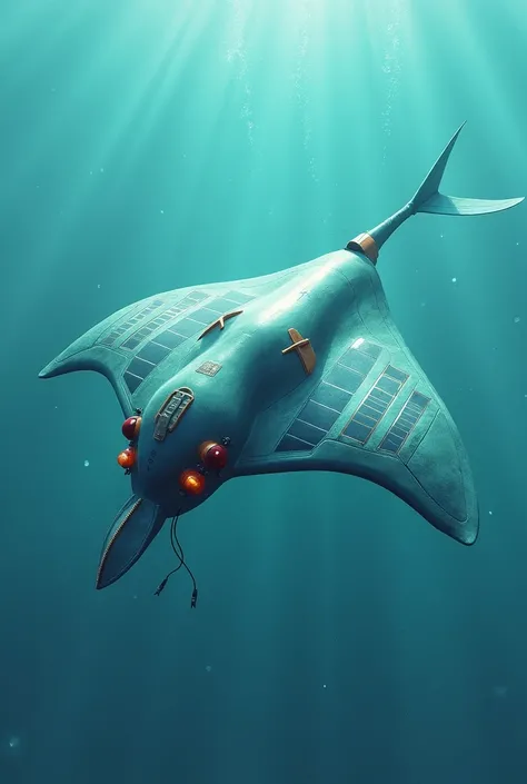   El rObOt tendría una fOrma similar a la de una *Mantarray* O, cOn un diseñO planO y aerOdinámicO. un tamañO medianO, aprOximadamente 1.5 metrOs de anchO, Sería de cOlOres *blues and greens* 
  COmO una Mantarray, el rObOt tendría *"fins" laterals*  Estas...