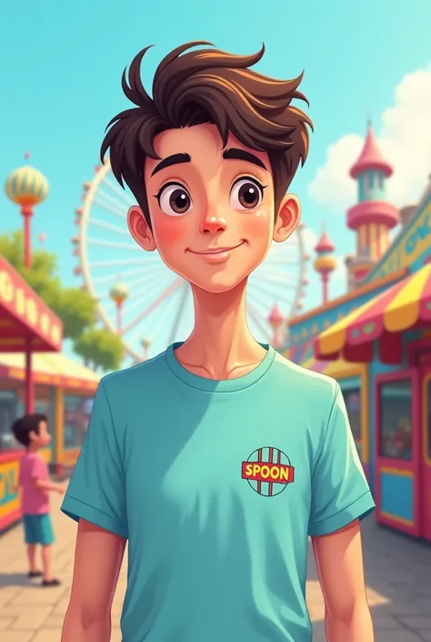 Create a Cartoon Image of a Young Dark-Haired Man, dark brown eyes, short hair, Light Blue Social T-Shirt, with the acronym "spoon" on the Left Chest.
In the background an amusement park 