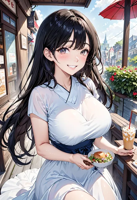 Eat lunch at a cafe、thin、cute、One Woman、smile、(Long dress)、Large Breasts、A big smile、Long Black Hair、High resolution, Anatomically correct, Best Quality, Ultra high definition, Textured skin, High resolution eyes、