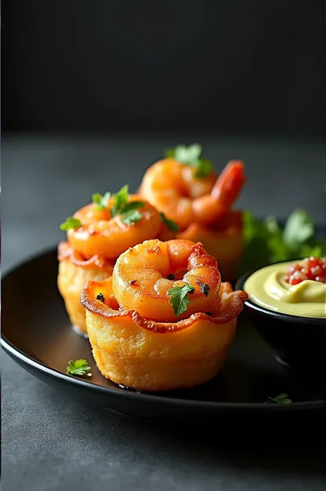 Image Make me a black plate with some basket-shaped patacones , Sautéed shrimp and guacamole gourmet style with height Let the patacon be like a coca or basket where you can add the shrimp and guacamole dip on the side)