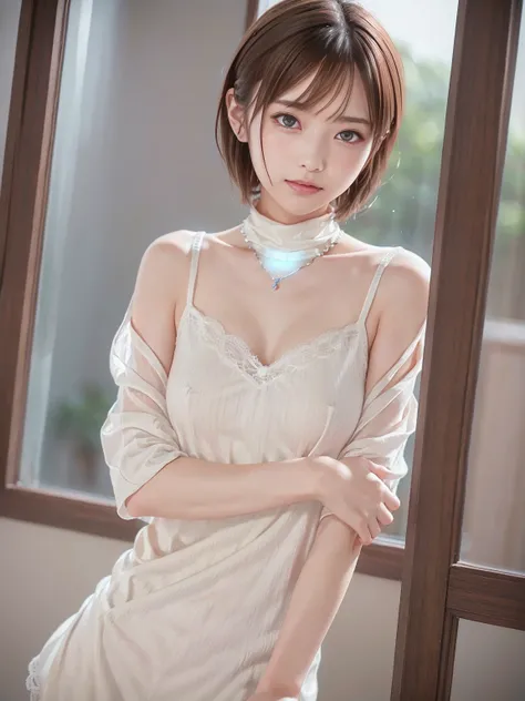 Mint green lace thong and bra,(Transparent)、Small breasts, (((とてもエレガントでbeautiful, 完璧なdetailed, Very detailed))), whole body, The most detailed girl, detailedな境界線, 美しくdetailedなwhole body, Thin legs, 1 person, Age 30, Very short hair, Spiked Hair, Gray and s...