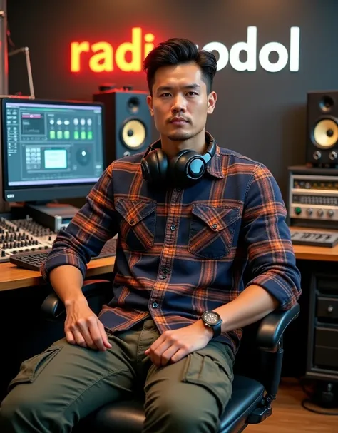 Handsome asian man wearing flannel, and cargo pants wearing a watch. sitting relaxed in a radio chair wearing large earphones around his neck, in a radio studio. with radio equipment. the background on the wall says "RADIO BODOL", facing the camera