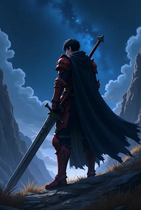 knight,Shabby,赤黒いarmor,armor,wilderness,Anime Style,Great Sword,身長よりもGreat Sword,Black Hair,Cape,On a night like this with the stars twinkling,Swing the sword down,Slash the enemy,Remove the hood, Dragon&#39;s Curse,disaster々Shii