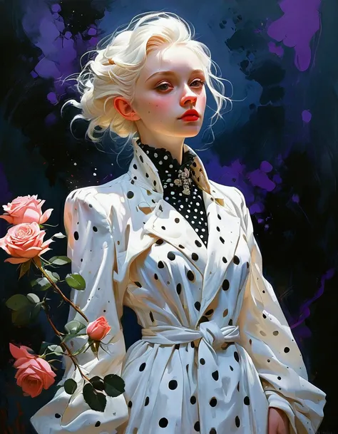 mix of sketch oil and gouache painting featuring a pretty young albino woman in a white polka dot coat high collar dress with long sleeves standing against a dark background. She has a white hair in a updo hairstyle, 
purple lipstick. In her arms, 
she hol...