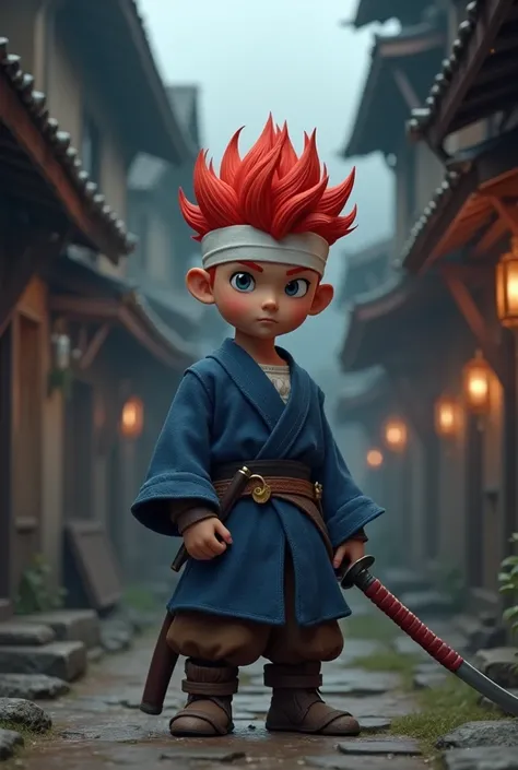 Boy with white band on forehead, the red hair dragon ball style, blue medieval clothes, brown leather pants, holding a katana in her hand, in a medieval village, in dark 3D animation style