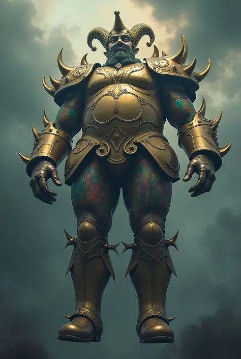 Giant god floating in the dark cloudy sky wearing jester pants and shoes with a burly top in golden armor and a spiked head