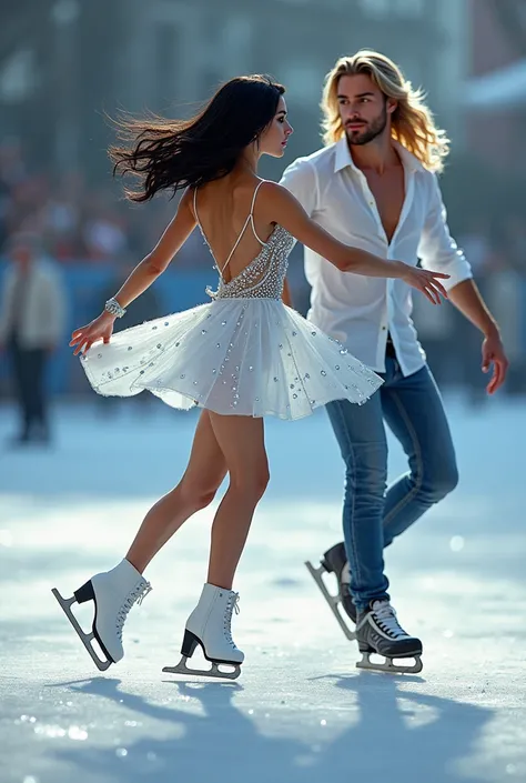 It is an ice skating rink there is a girl with black hair, American and Latin features, wearing a white dress with diamonds embedded in it, skater style, skating shoes with diamonds also embedded in them, skating while smiling. On the other side of the ska...