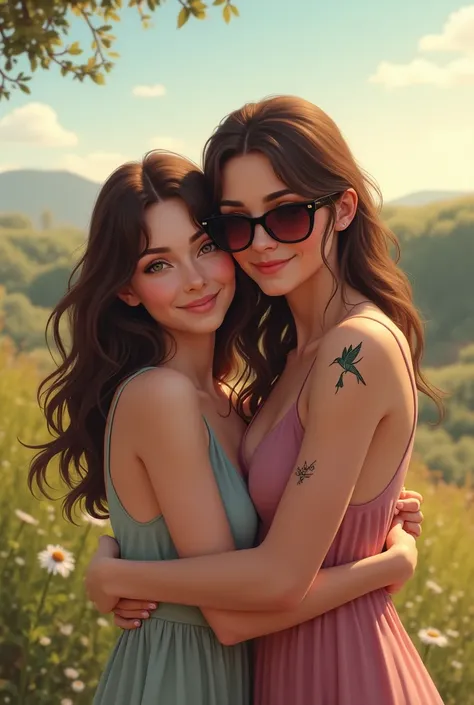 (masterpiece), (The best quality), Beautiful brown-haired woman with hummingbird tattoo on her wrist hugs her mother with short brown hair and sunglasses at a meeting with a landscape background in Spain