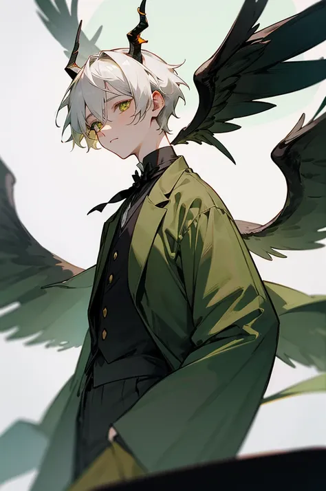 1 Boy, Victorian outfit, black wings, amber eyes, horns on head, short hair, white hair, kind look, a green plains in the background