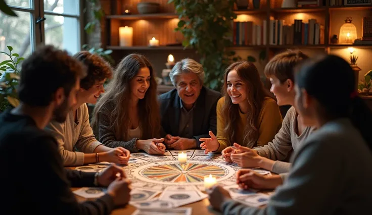 A diverse group of people gathered in a cozy setting, engaged in lively discussion while holding tarot cards and astrological charts. The environment is warm and inviting, filled with laughter and excitement, reflecting community and connection through sha...