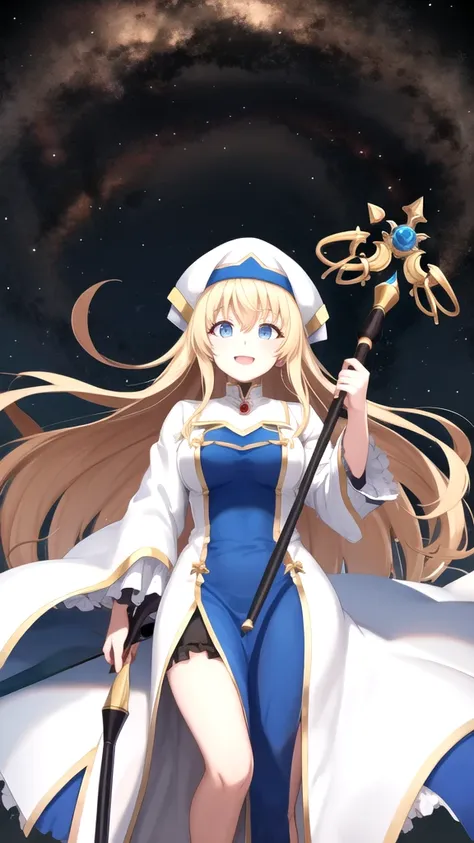 priestess \(goblin slayer\), blonde hair, long hair, blue eyes, white headwear, staff, holding staff